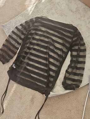 Sheer Black Striped Long-Sleeve Swim Cover Up